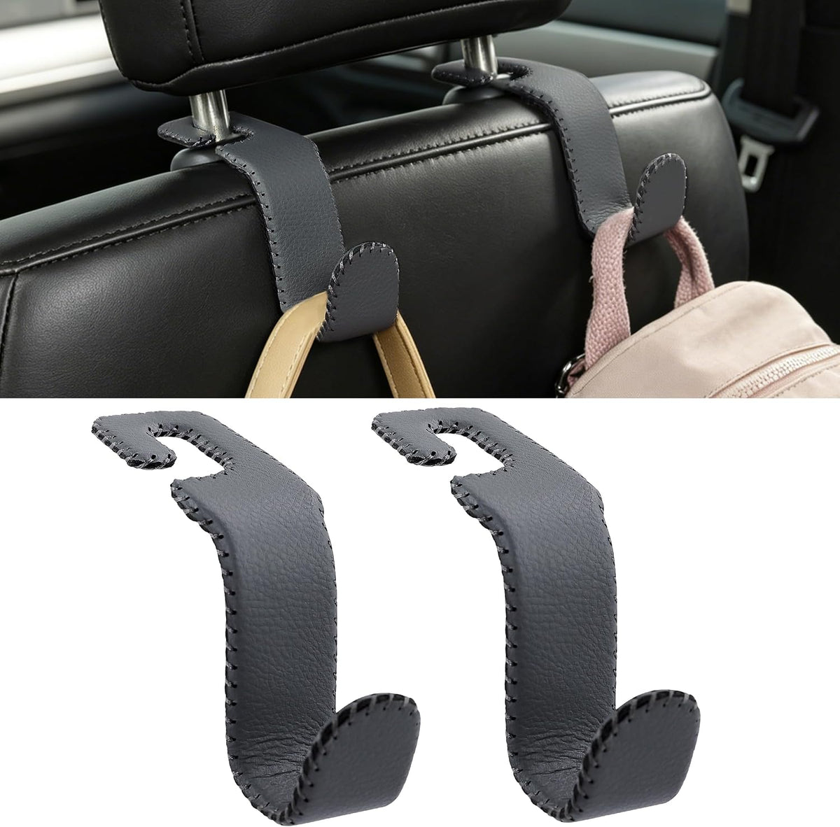 Car Seat Headrest Hook Heavy Duty 55lb Metal Hanger with Leather for Bags