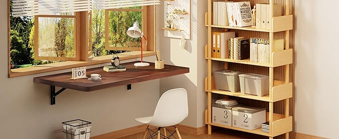 IAE Floating Wall Mounted Folding Table Desk with Pine Wood,36" x 22" Folding Workbench,Fold Down wall Mounted Foldable Table with Shelf Brackets,Laundry Folding Table for Apartment,Home,Kitchen,Brown
