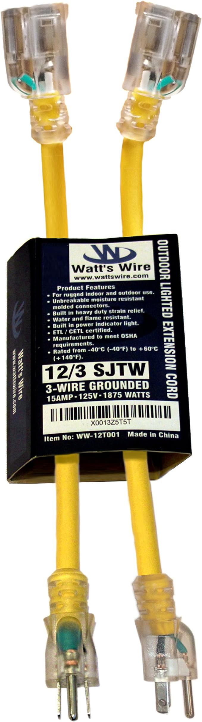 2 Pack - 1 ft Short Outdoor Extension Cord Waterproof - 12 Gauge Heavy Duty Extension Cord 1 ft - Lighted Outdoor Extension Cords - Watts Wire - Two Pack of 1' Grounded