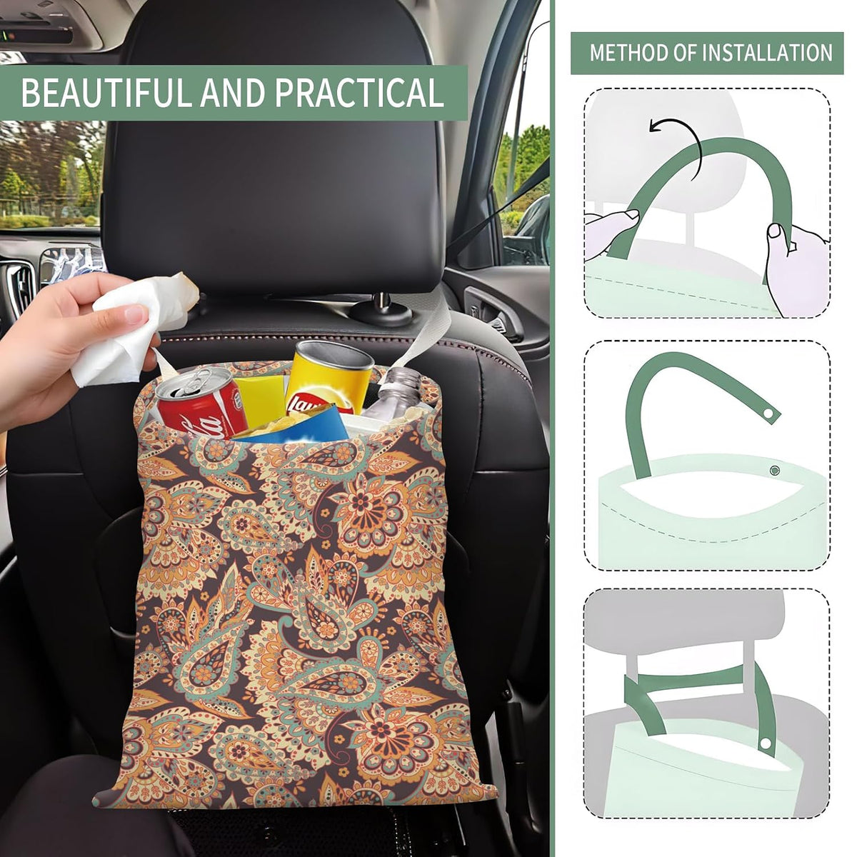 Cute Car Trash Can, Hanging Canvas Car Back Seat Organizer and Storage Bag, Funny Car Trash Bag for Travelling, Outdoor Boho Paisley Flower