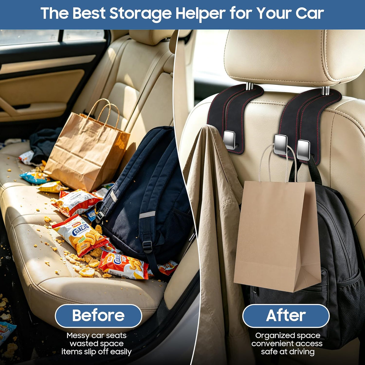 Amooca Car Headrest Hooks 4-Pack Suede Seat Organizer with Metal Core