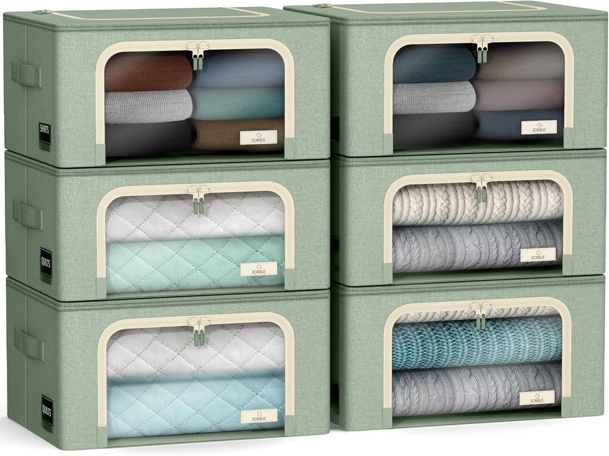 Sorbus® Storage Bins Boxes, Foldable Stackable Container Organizer Basket Set with Large Clear Window & Carry Handles, for Bedding, Linen, Clothes (Brown)