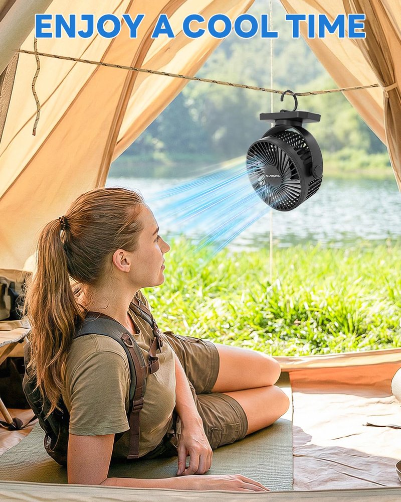 SOQSYS 12000mAh Golf Cart Fan Rechargeable Magnetic Base, Battery Operated Fan Portable with 3 Speeds, LED, Timers, Strap, Hook - Golf Cart Accessories Suitable for Club Car Camping Office Cruise Ship