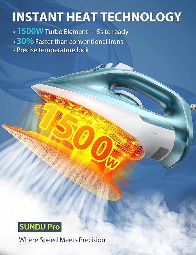 Sundu Steam Iron for Clothes with Rapid Heating Ceramic Coated Soleplate, 1500W with Precise Thermostat Dial, Self-Cleaning, Auto-Off, 15.21oz Water Tank for Home Clothes Ironing Use, green
