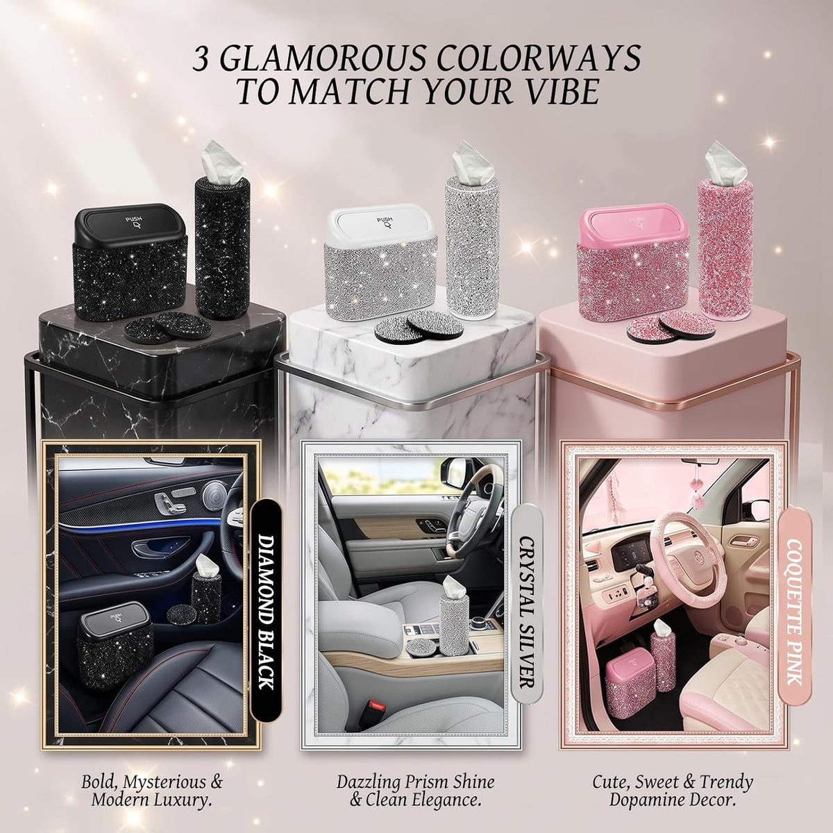 Handmade Crystal Rhinestone Bling Car Interior Accessories - (Pink & White)