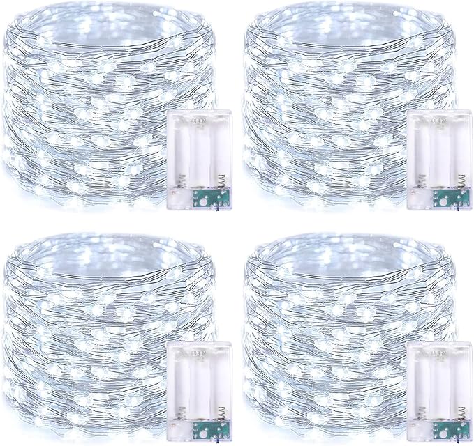 JMEXSUSS 4 Pack 50 LED Fairy Lights Battery Operated, 16.1ft White Fairy Lights for Bedroom, Silver Wire Twinkle String Lights Indoor for Party Wedding Birthday Decorations