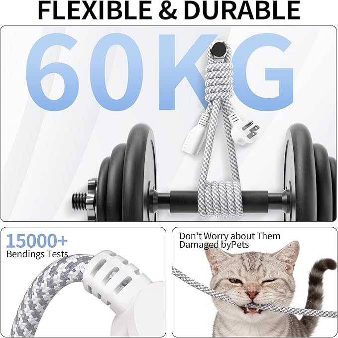 16 Gauge Braided Extension Cord 20 FT, 16/3 Flat Plug Power Cord Indoor, 3 Prong White Extension Cable Flexible for Home Dorm Room Essentials, 13A 125V 1625W, ETL Listed