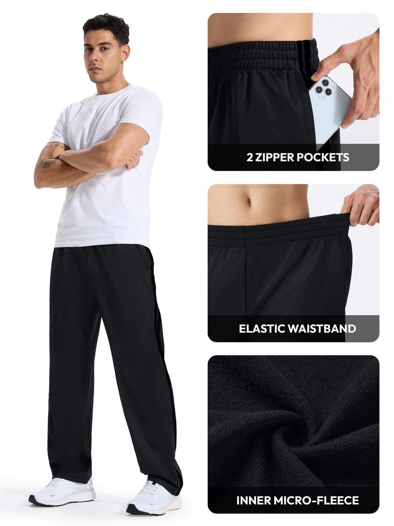 Tallemon Men's 34" Long Inseam Track Pants Warm-up Sweatpants Open Hem Tracksuit Bottoms for Lounge Travel, Black/Black, M