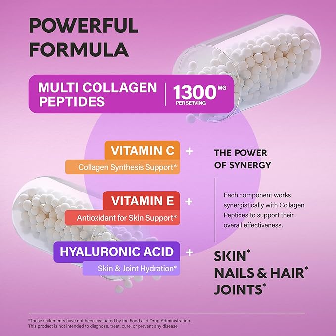 Multi Collagen Peptides - Hydrolyzed Types I, II, III, V & X - Collagen Supplement for Women 1300mg - w/ Hyaluronic Acid, Vitamins C & E - Skin, Hair, Nails & Joint Support - Made in USA, 120 Capsules