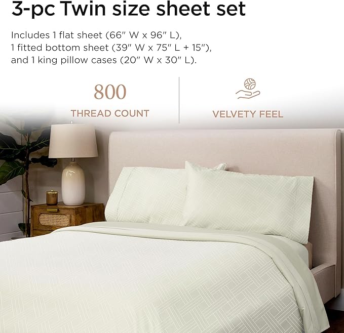 Threadmill Twin Bed-Sheets - 800 Thread Count Jacquard Celine Ivory 100% Natural Cotton 3 Piece Striped Bed Set, Extra Long Staple Cotton, Comfy Damask Sheets with Elasticized Deep Pocket