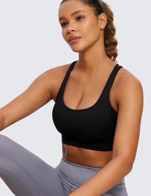 CRZ YOGA Strappy Longline Sports Bra - Medium Impact Criss Cross Padded Crop Top for Women