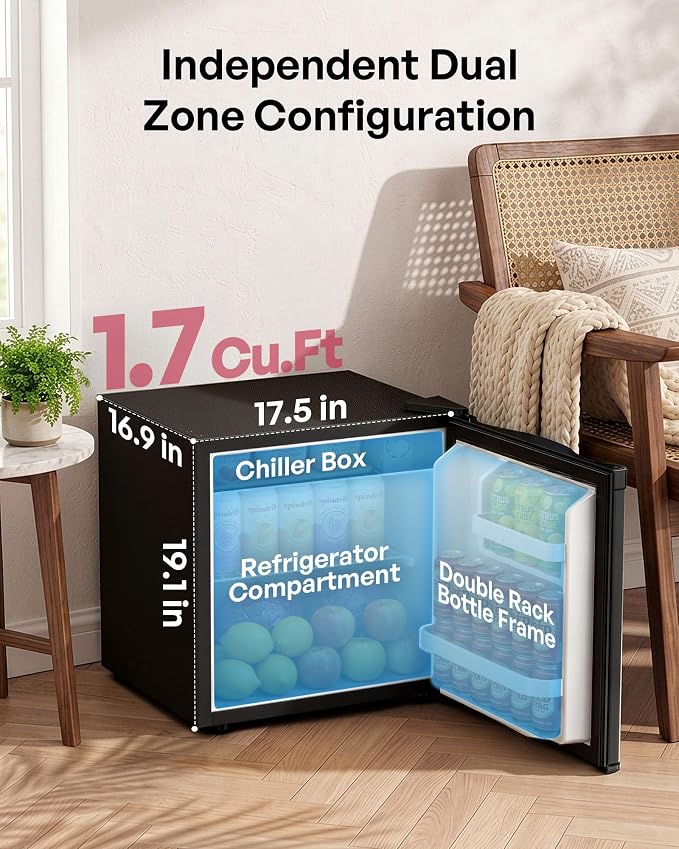 1.7 Cu.Ft Mini Fridge with Freezer, Single Reversible Door Compact Refrigerator, Adjustable Thermostat&Energy Saving Mini Fridge for Bedroom, Dorm, Office, Low Noise, Black