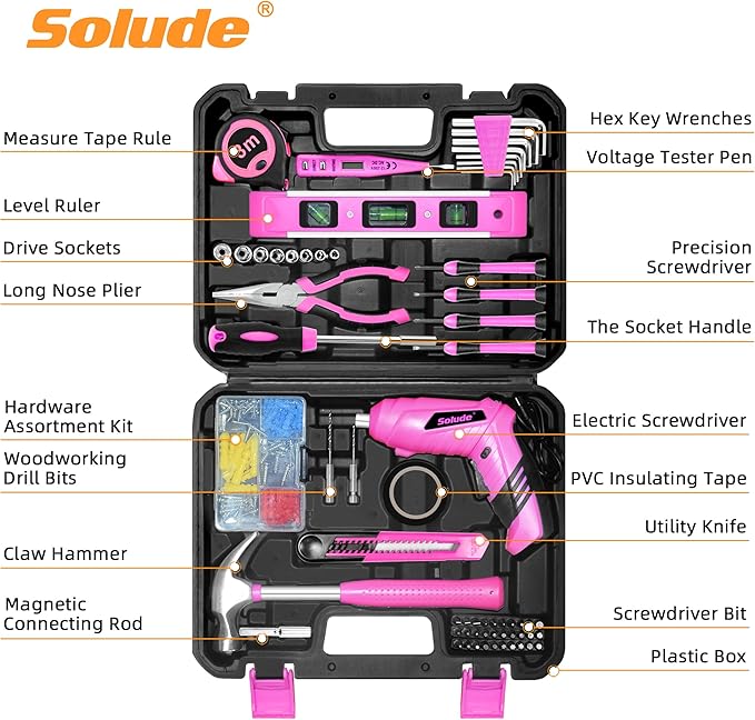SOLUDE Pink Tool Set,130 Piece Home Tool Kit for Women with 3.6V Cordless Rechargeable Screwdriver,Basic Household Tool Kit Set for New Home,Apartment,College Dorm & DIY Projects