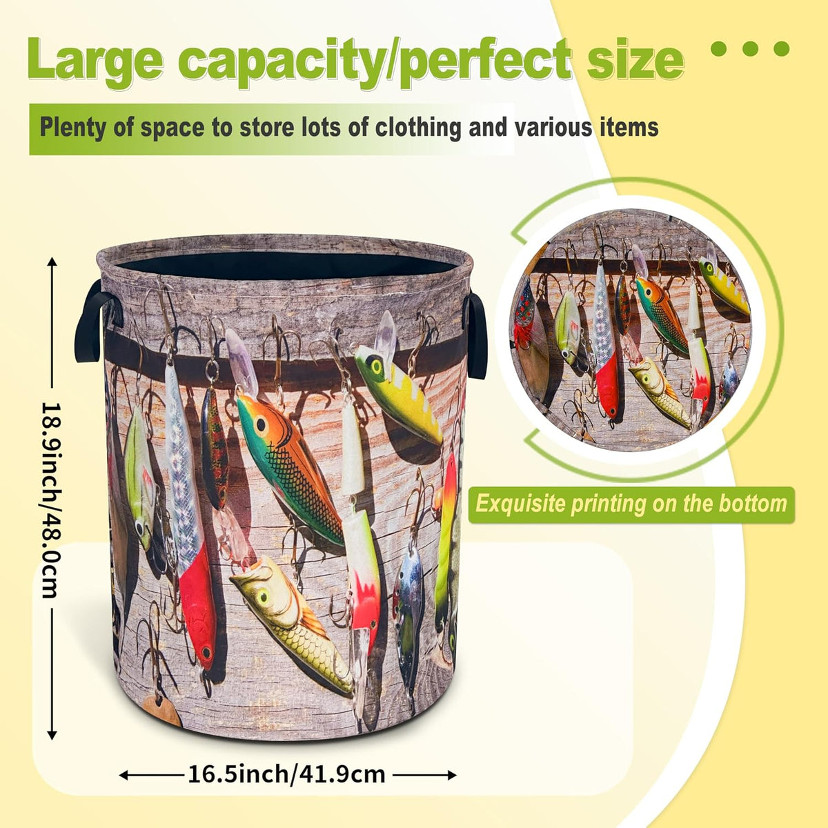 Fishing Fish Laundry Basket Foldable Waterproof Hamper 18.9 x 16.5 Inch