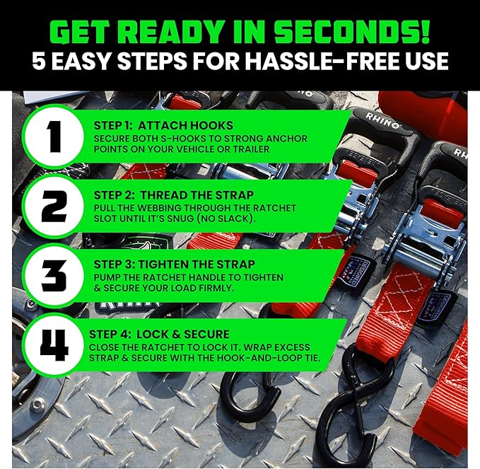 Rhino USA Ratchet Straps Heavy Duty Kit (4-Pack) - 1.6 Inch x 15 Feet Min Break Strength (5,000) - Ultimate Tie Down Straps with Safety S Hooks for Trucks, ATV, UTV, Motorcycle, Cargo & More - Black