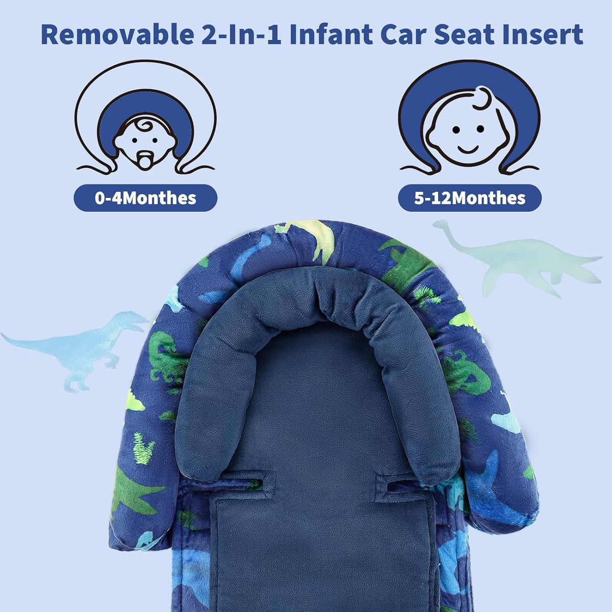 Baby Car Seat Head Support with Extra Headrest, 2-in-1 Babybody Supports with Shoulder Pads Set for Newborn, Adjustable Infant Car Seat Insert Compatible with Stroller, Baby Swing (Blue Dinosaur)
