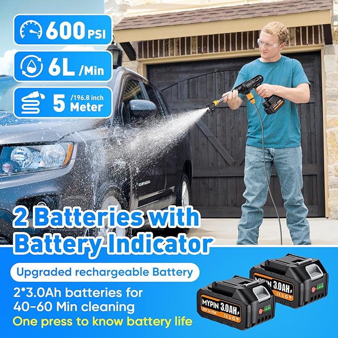 Portable Cordless Pressure Washer, 600 PSI 21V Two Rechargeable Batteries Powered Pressure Washer with Battery Level Display, 6-in-1 Nozzle with Jet Nozzles for Car Floor Wall Fence Cleaning