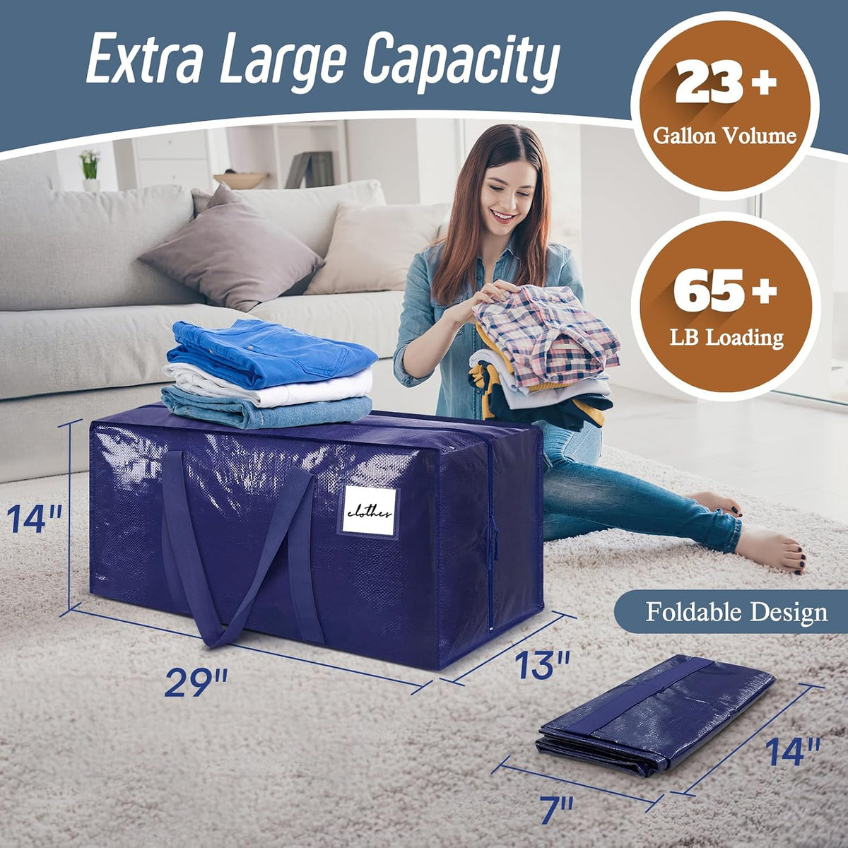 12 Pack Extra Heavy Duty Large Moving Bags with Strong Zipper, Dark Blue