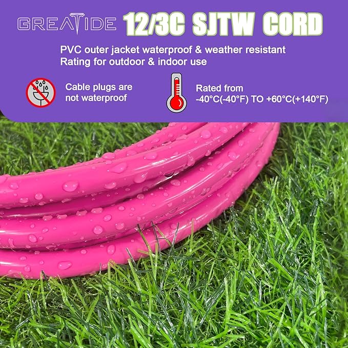 Indoor Extension Cord with Lighted End, 12 Gauge Heavy Duty 3 FT, 3 Prong Grounded 15 Amp Extension Cord, 12/3 SJTW Power Cord for Garage, Garden, Appliance, UL Listed, Pink