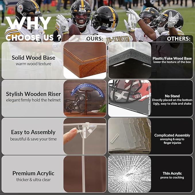 JupDec Football Helmet Display Case, Full Size Acrylic Baseball Motorcycle Helmet Showcase, UV Protection Souvenirs and Collectibles Box with Solid Wood Base & Riser, Ideal Gift for Sports Enthusiast