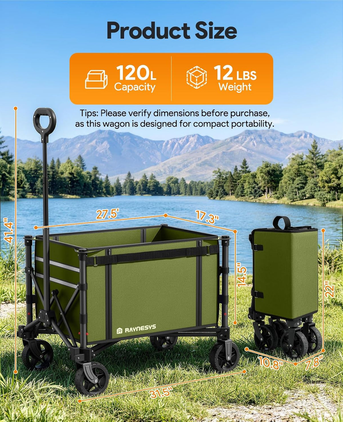 Collapsible Wagon with Wheels,120L Wagon Cart for Camping Groceries Beach | 220lbs Capacity Wagon Carts Foldablet,Smallest Folding Size,Lightweight Portable,Adjustable Handle,Transport long items