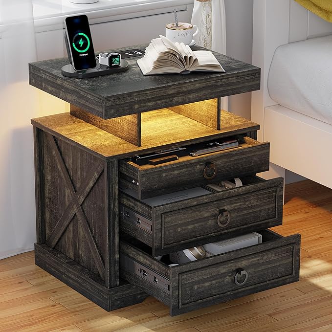 HNEBC Nightstand with Gun Drawers, LED Farmhouse Night Stand with Charging Station, Smart End Table with 3 Color Auto Light, Bedside tabel with Hidden Compartment for Bedroom Furniture-Brown