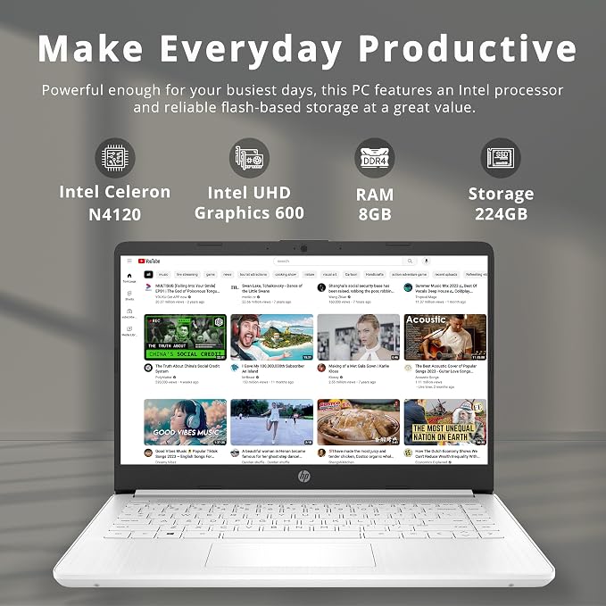 HP Stream 14″ HD Laptop for Students & Business, Intel Celeron Processor, 8GB RAM, 224GB Storage (64GB eMMC + 160GB Docking Station Set), UHD Graphics, 1 Year Office 365, 720p Webcam, Win 11, White