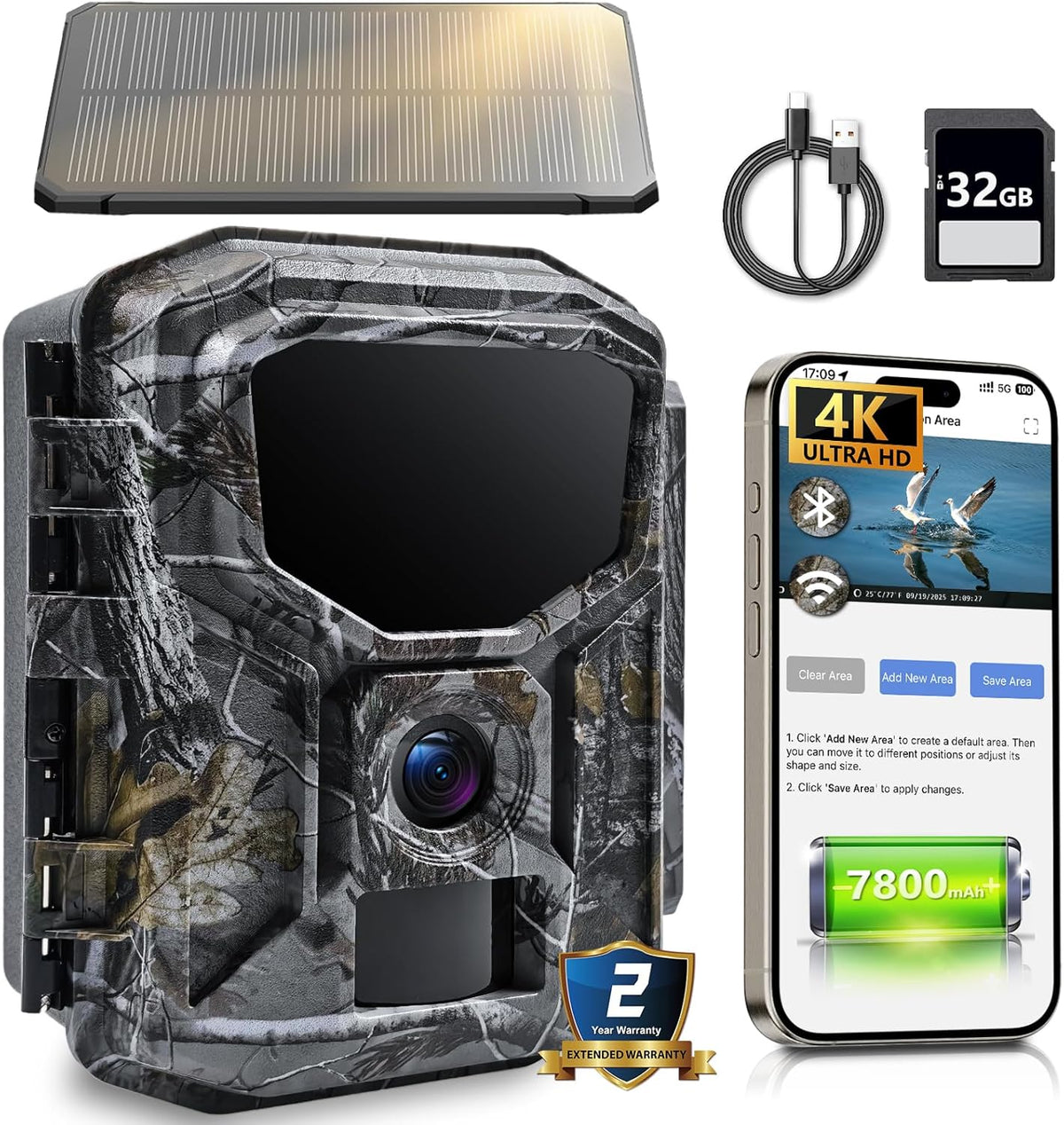Trail Camera - Solar Powered 4K 60MP WiFi Game Camera with 0.1s Trigger & 7800mAh Battery | 65FT Detection, Night Vision, IP66 Waterproof, 32GB Card Included