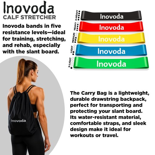 Inovoda Calf Stretch Board I Slant Board For Calf Stretching & Calf Raise Block for Relief of Plantar Fasciitis, Achilles Tendonitis & Calf Tightness | Calf Stretcher with 5 Resistance Bands & Carry Bag I Ankle Balance Board & Ankle Exerciser Strengthener