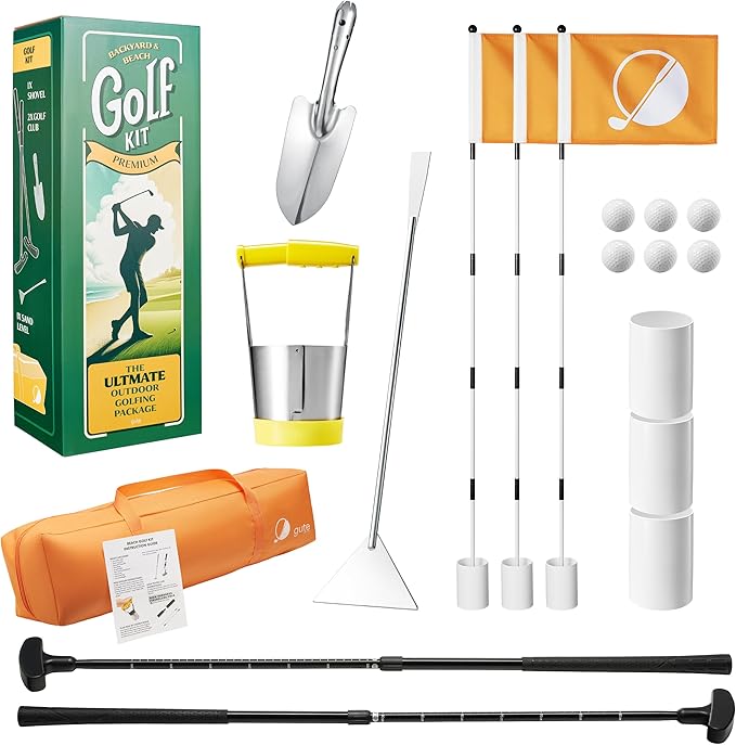 Golf & Mini Golf Complete Setup, 3X Pin Flags & Putting Green Hole Cups, 2X Adjustable Putters, Digger, Hole Cutter & More, for Grass Backyard, Beach, Driving Range Gift Set