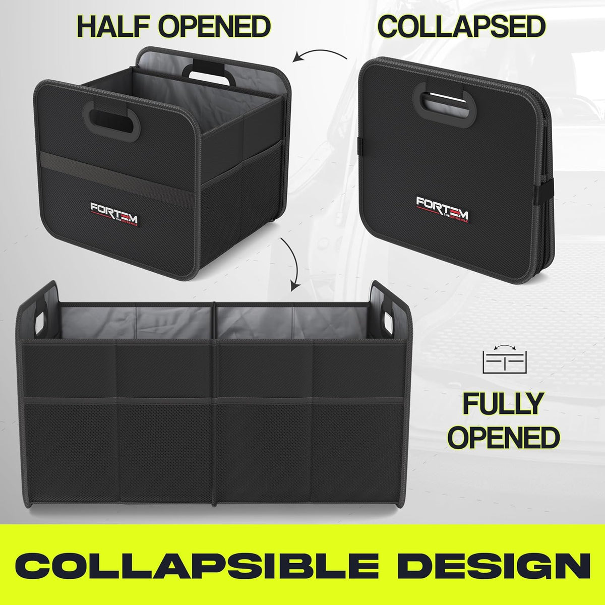 FORTEM Car Trunk Organizer, Collapsible Two Compartment Organizer, Foldable SUV & Truck Storage for Car Accessories for Women Men, Non Slip Bottom, Sturdy Side Walls, Strong Handles, 45L