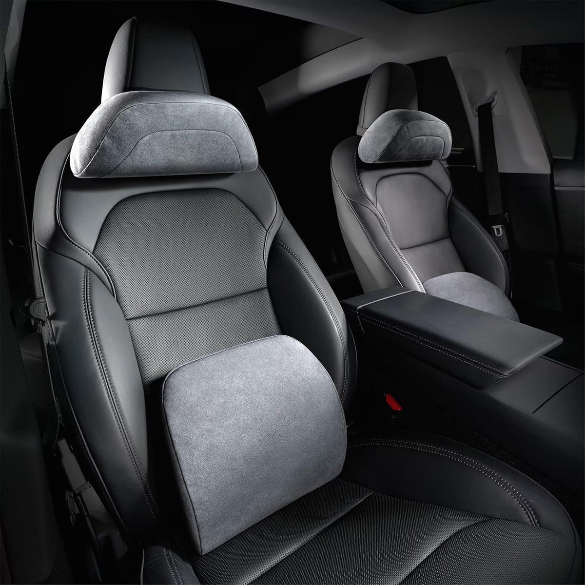 Farmogo Car Headrest Pillow & Lumbar Support Pillow Set for Tesla Model 3/Y/S/X Accessories, Suede Memory Foam Neck & Back Support, Removable Washable Cover - 2PCS