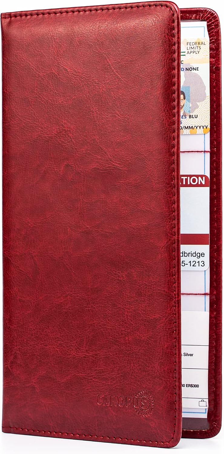 CANOPUS Car Registration and Insurance Holder, PU Leather Card Holder, Vehicle Glove Box Organizer for Auto, SUV, Truck, Red