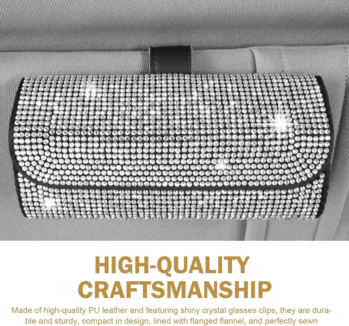 Bling Sunglasses Holder for Car Sun Visor, Rhinestone Auto Eyeglasses Mount Clip Organizer, Leather Sunvisor Sunglasses Storage Case, Universal Glasses Holder Clips for SUV, Sedan, Van (White)