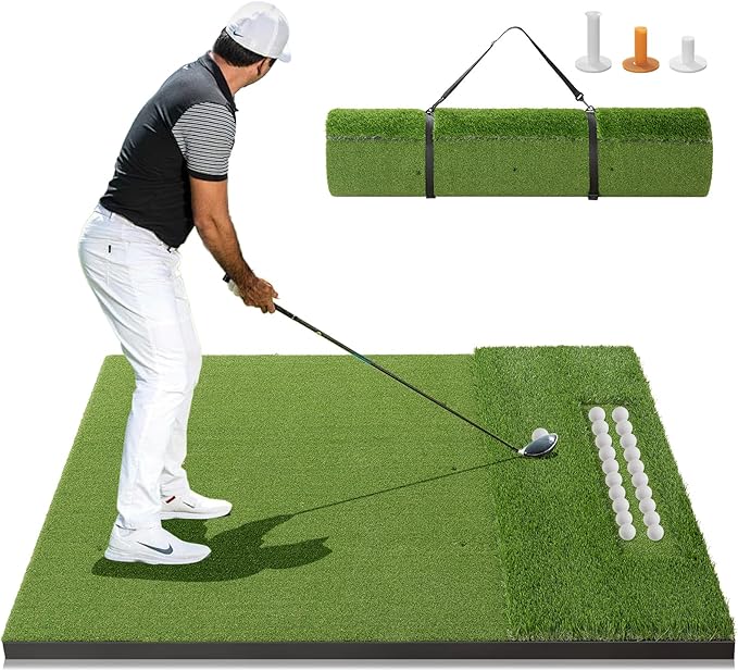 Dual-Turf Golf Mat with Ball Tray,5x4Ft 31mm Thickened Golf Hitting Mats for Indoor/Outdoor Practice,Turf Driving Range Mats for Golf Simulators and Chipping Swing Driving Training
