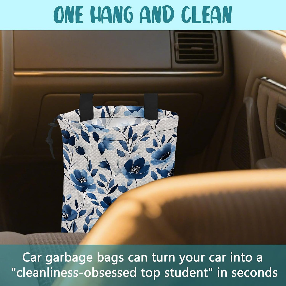 Car Trash Bag Watercolor Blue Flowers Leak-Proof Car Garbage Bag with Drawstring Foldable Canvas Trash Bin with Adjustable Buckle for Car Accessories