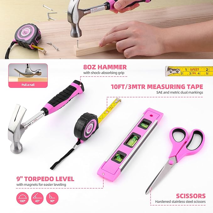 URASISTO 125 PCS Pink Household Tool Set, Pink Ladies Basic House DIY Toolkit Set for Home Garage Office College Dormitory Use, Hand Tool Kits for Women