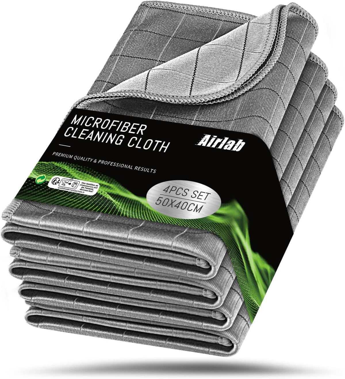 Airlab Carbon Microfiber Towels for Car Drying Window Glass Cleaner Magic Cleaning Cloth Auto Detailing Car Wipes Lint Free Rags Large Towel Interior Detailer, Pack of 4, 20" x 16", Grey