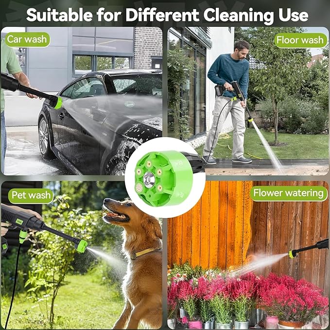 Portable Cordless Pressure Washer, 2 Battery Powered Power Washer with 6-in-1 Nozzle, 10 Adjustable Levels Portable Pressure Washer, 33FT Hose Handheld Car Washer for Patio, Floor, Garden
