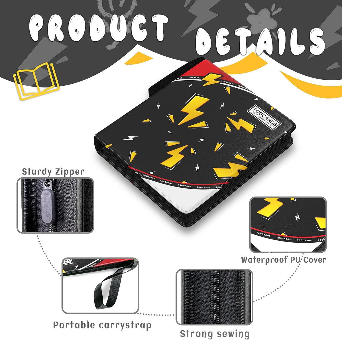 Trading Card Binder - 9 Pocket Album with 50 Removable Sleeves | Fits 900 Cards, Zipper Design, Black