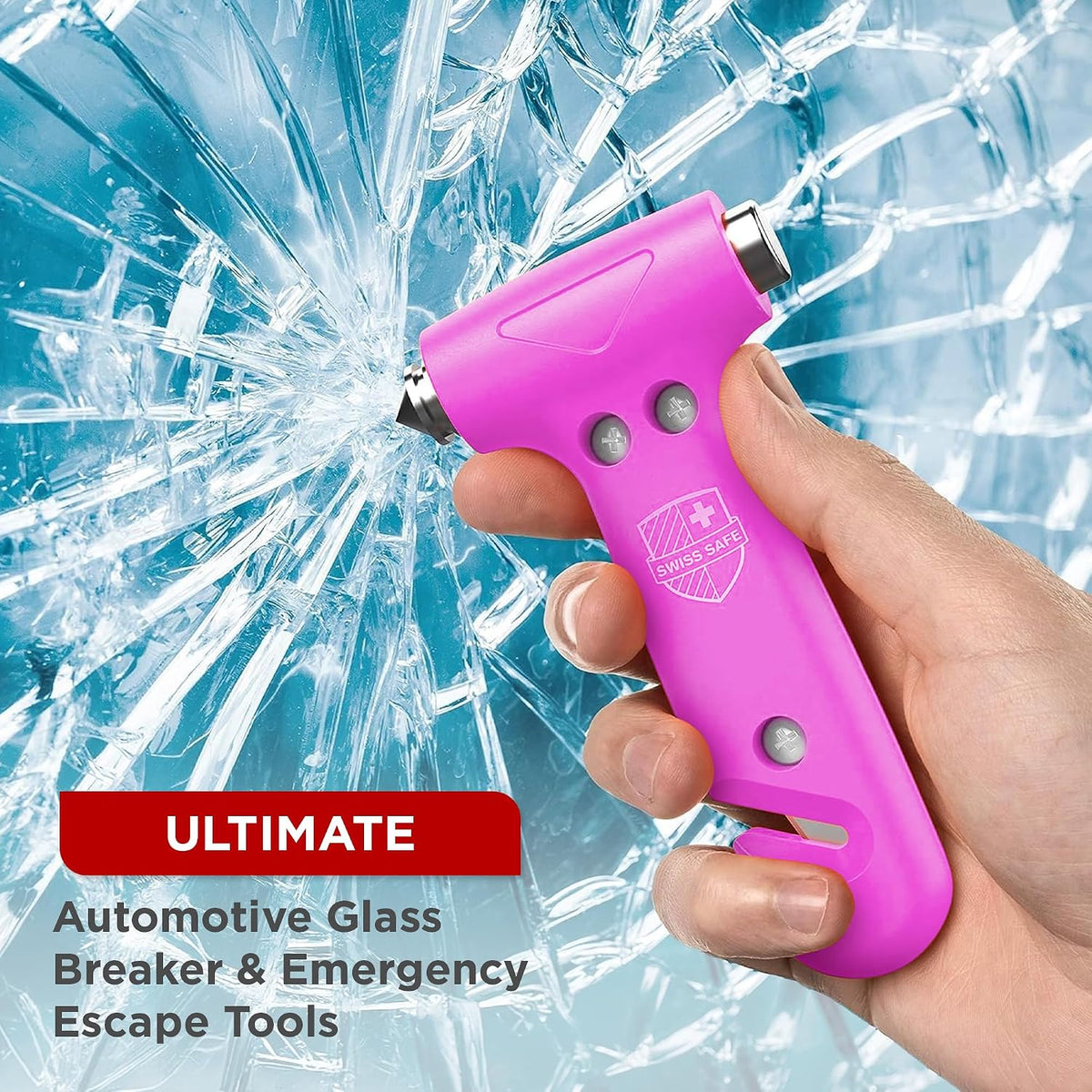 Swiss Safe 5-in-1 Emergency Car Safety Hammer – Car Window Breaker &amp; Seatbelt Cutter, Heavy-Duty Escape Tool for Vehicle Emergencies and Auto Kits – Pink, 1 Pack