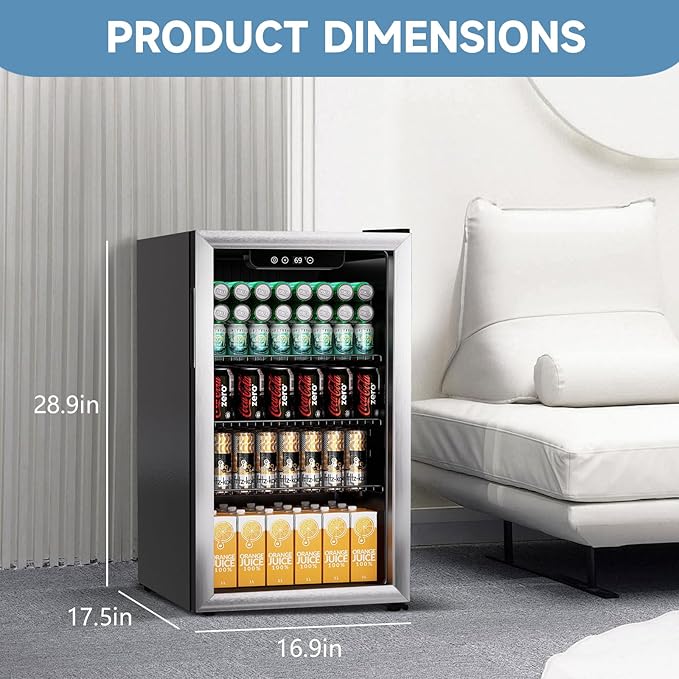 Stopasd Beverage Refrigerator Cooler, 3.0 Cu.Ft/105 Can Drink Fridge with Adjustable Shelves & Glass Door for Soda Wine Beer, Quiet Undercounter Small Fridge for Home/Office/Bar/Garage(37-61 ℉),Sliver