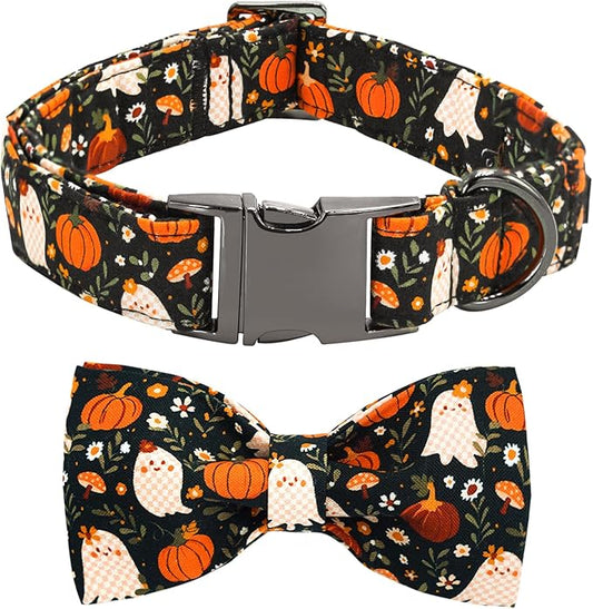 Halloween Dog Collar, Ghost Print Adjustable Pet Collar Fall Pumpkin Cute Cotton Soft Collars with Bow Tie Fall Metal Buckle Holiday Puppy Collars Boy&Girl Gift for Small Dogs
