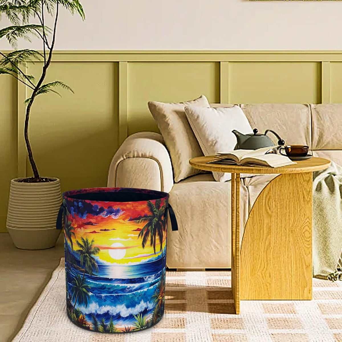 Hawaii Sunset Ocean Waves Laundry Basket Foldable Waterproof 18.9x16.5 Inch