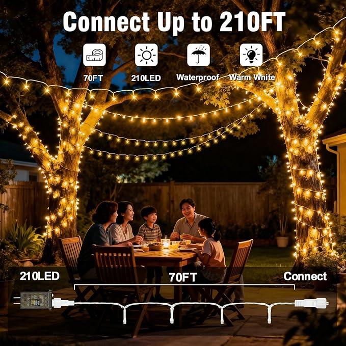 210 LEDs Warm White LED String Lights – 70FT Transparent Wire, Waterproof & Connectable Christmas Tree Lights for Indoor Outdoor Holiday Décor