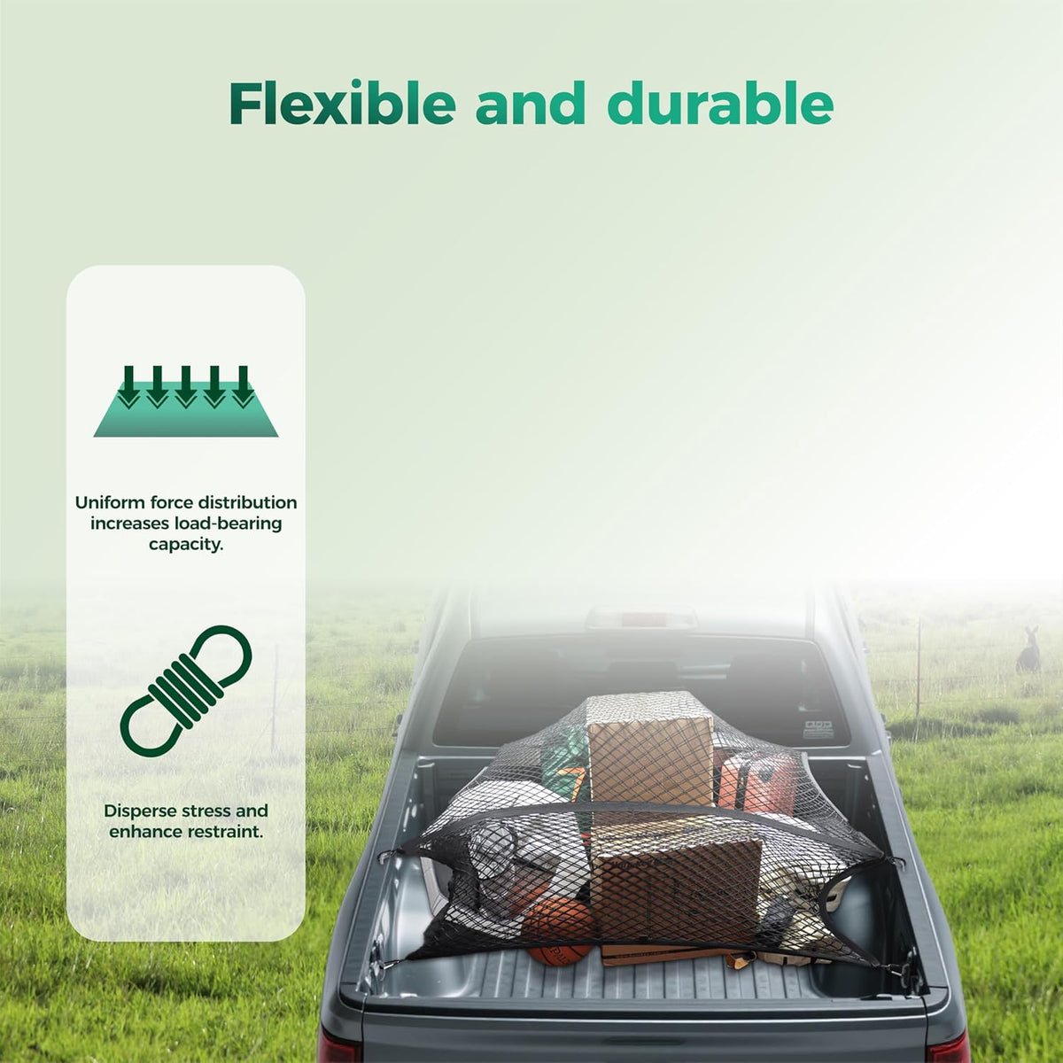 Stretchable Cargo Net (4'x4' Stretches to 8'x8') - Adjustable Elastic Trunk & Truck Bed Storage Organizer with Hook for SUVs, Cars and Trucks, Ideal for Securing Daily Light Loads