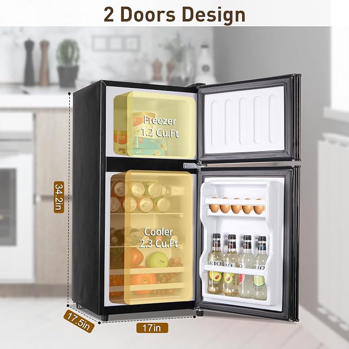 Mini Refrigerator with Freezer 3.5 Cu. Ft. Small Fridge with Freezer Black | 2 Door Mini Fridge with 7-Level Adjustable Thermostat Removable Shelves, Compact Refrigerator for Office/Dorm/College/RV