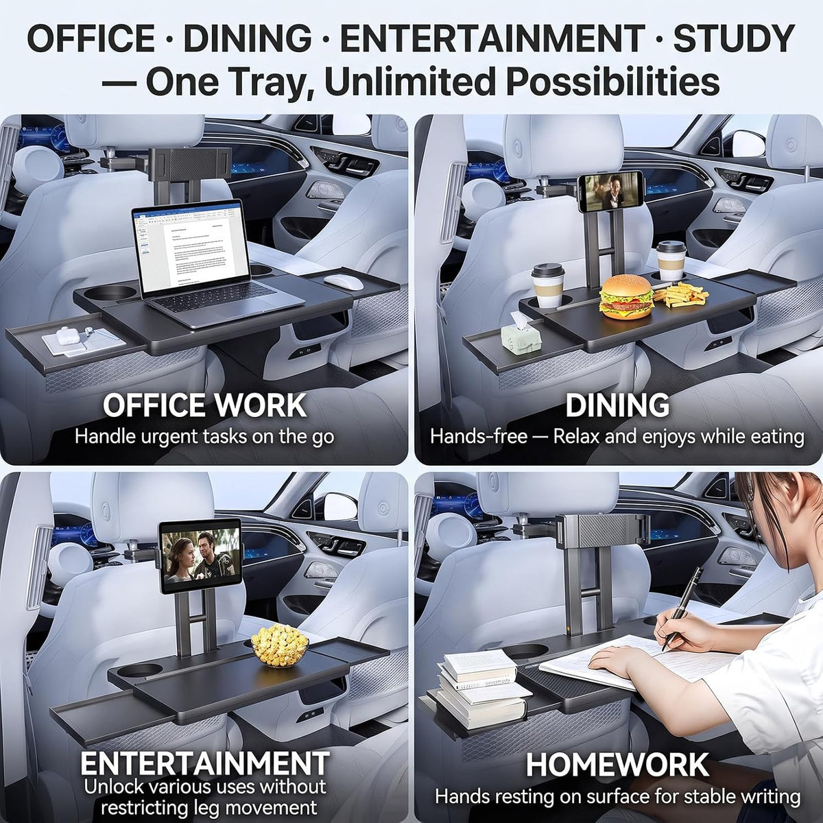 Car Back Seat Table, Foldable Laptop Desk with Adjustable Height