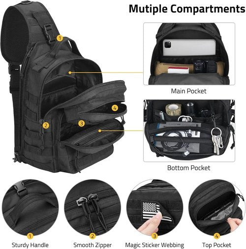 CVLIFE Tactical Sling Bag - Military Shoulder Backpack with Molle System & Hidden Pocket | Black EDC Bag