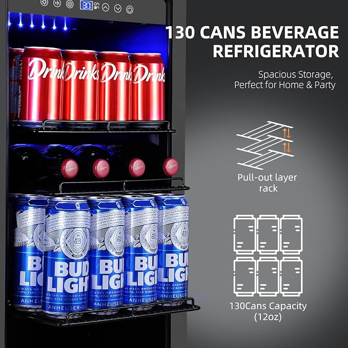 ORYMUS 15 Inch Beverage Refrigerator, 130 Cans Drink Fridge with Glass Door & Lock, Under Counter or Freestanding Beverage Cooler for Soda, Beer & Water, Upgraded Quiet Compressor, Memory Temp, Black